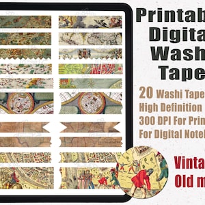 Vintage Old Map Digital Washi Tape Stickers | Printable Washi Tape | Goodnotes Washi Tape | Digital washi | Washi Tape