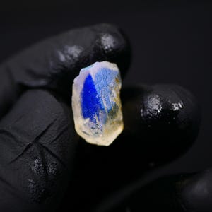 May include: A close-up of a gemstone with a vibrant blue and yellow color. The gemstone is held in a black gloved hand against a black background. The stone has a rough, natural texture.