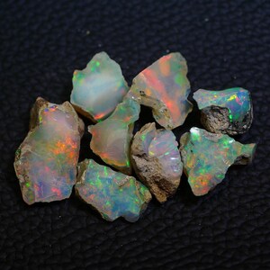 Peut inclure: Plusieurs pierres d'opale brutes. Les opales présentent un jeu de couleurs avec des éclats de rouge, de vert et de bleu. Les pierres ont un aspect brut et naturel avec un mélange de teintes blanches et brunes.