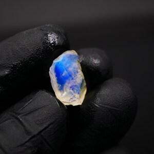 May include: A small, rough-cut gemstone with a translucent, off-white base and a vibrant blue interior. The stone is held against a black background, highlighting its natural texture and color variations. The gem is likely a moonstone.