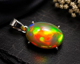 Anhänger aus 925er Sterlingsilber, 12,30 ct. Natürlicher äthiopischer Opal-Anhänger, handgefertigte Feueropal-Halskette, Welo-Opal-Schmuckanhänger für Damen