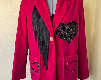 Size Small Dark Pink Black Heart Rhinestone Blazer