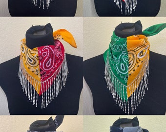 SPORTS Split Color Rhinestone Fringe Cotton Bandana (pick your colors)