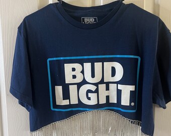 Small Navy Beer Altered Rhinestone Crop Top  (you choose sleeves)