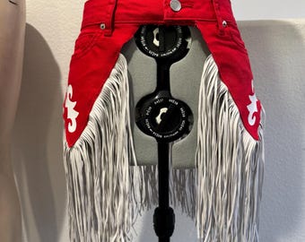 Multiple waist Sizes Red and White Denim Fringe Belt