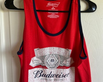 Medium Red & Navy Beer Rhinestone Fringe Crop Tank Top