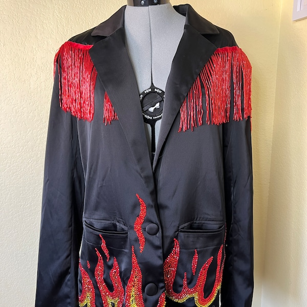 Oversized US 4 long Black Flame Rhinestone Blazer