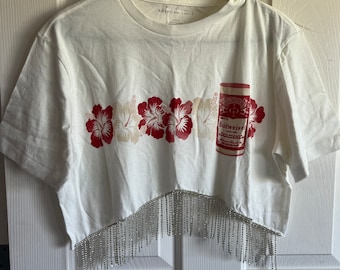 Small white beer with red flowers Altered Rhinestone Crop Top  (you choose sleeves)