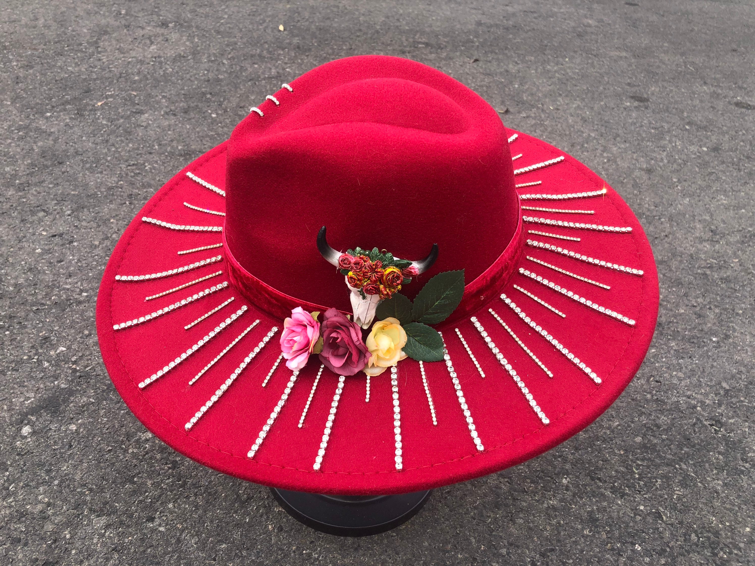 Rhinestone Dark Red Longhorn Wide Brim 