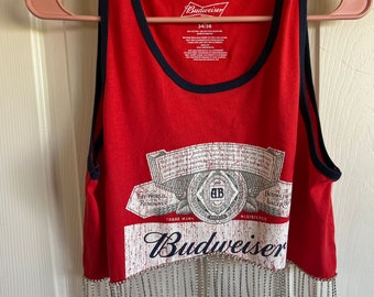 Small Red & Navy Beer Rhinestone Fringe Crop Tank Top