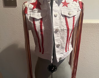 White & Red Denim Star Crop Vest with Long  Faux Leather Fringe (small and medium)