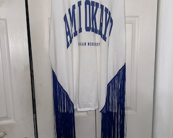 Am I Okay white T shirt Dress with Blue Fringe