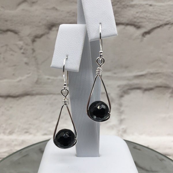 Black Agate Earrings, Faceted Gemstone Beads, Sterling Silver Dangle Earrings, Drop Earrings, Black & Silver Earrings, Gift under 20