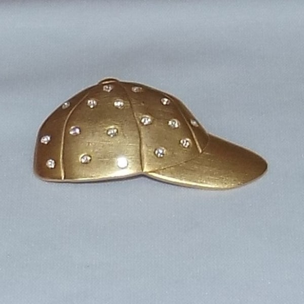 Vintage Signed JJ Jonette Jewelry Baseball Cap Gold Tone With Rhinestones Brooch / Pin  Made in the USA Jewellery