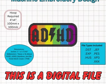 ADHD Rainbow Embroidery Design, Rock Font Patch (Digital Download)