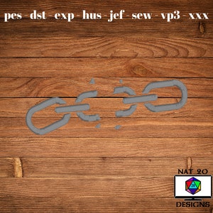 May include: A 3D printed chain link broken in half, with pieces scattered around it. The chain link is gray and is on a wood background. The text "NAT 20" and "DESIGNS" is at the bottom of the image.