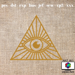 May include: A gold embroidered design of an eye inside a triangle with rays of light emanating from the eye. The design is on a brown burlap background. The text "NAT 20 DESIGNS" is below the design.