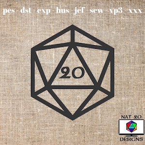 Natural 20 Nat Twenty D20 Polyhedral Symbol DnD Dungeons and Dragons RPG Machine Embroidery Design dst, exp, hus, jef, pes, sew, vp3, xxx
