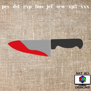 May include: A red and gray embroidered knife with a black handle. The knife is on a brown burlap background. The text "NAT 20 DESIGNS" is in the bottom right corner of the image.