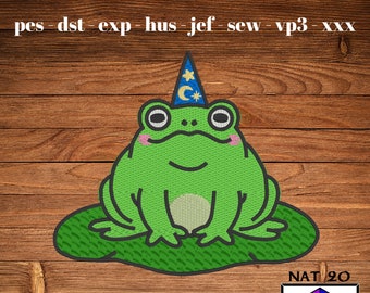 Wizard Frog Machine Embroidery Design 5x7, DnD Magic Toad Patch, Cottagecore Witch Familiar Dice Bag, dst, exp, hus, jef, pes, sew, vp3, xxx