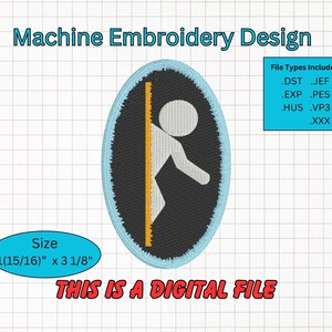 Può includere: Design di ricamo a macchina di una figura stilizzata bianca che spinge una barra gialla attraverso un portale blu. Il design misura 1 15/16 pollici per 3 1/8 pollici. Tipi di file inclusi: DST, JEF, EXP, PES, HUS, VP3, XXX.