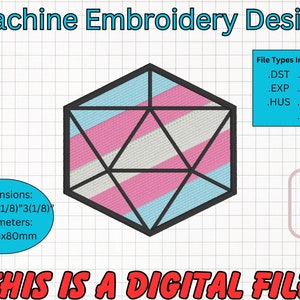 May include: Machine embroidery design of a pink, blue, and white geometric shape. The design is 3 1/8 inches by 3 1/8 inches and requires a 4 inch by 4 inch hoop. File types included are DST, JEF, EXP, PES, HUS, VP3, and XXX. "This is a digital file."