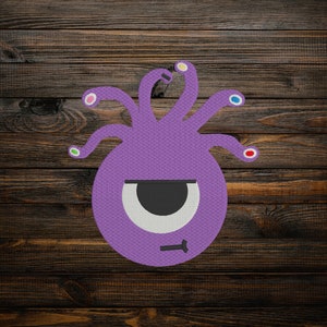 May include: Purple monster with one eye and five tentacles. The monster has a grumpy expression and a small mouth. The tentacles have colorful dots on the ends.