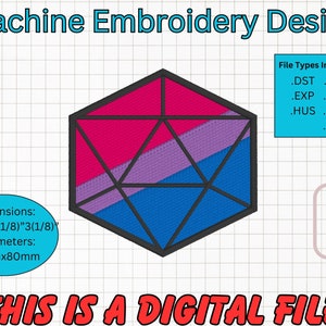 May include: Machine embroidery design of a pink, purple, and blue geometric shape resembling a diamond. The design is 3 1/8 inches by 3 1/8 inches and requires a 4 inch by 4 inch hoop. File types included are DST, JEF, EXP, PES, HUS, VP3, and XXX. "THIS IS A DIGITAL FILE" is written in red at the bottom of the image.