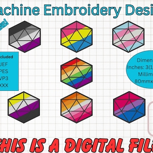 May include: Seven machine embroidery designs of different pride flags in a hexagonal shape. The flags are black and white, rainbow, pink, blue, and white, yellow, purple, and black, and blue, pink, and white. The designs are 80mm by 80mm and require a 100mm by 100mm hoop.