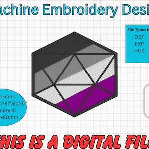 May include: A black, gray, and purple geometric embroidery design in the shape of a diamond. The design is 3 1/8 inches by 3 1/8 inches and is suitable for a 4 inch by 4 inch embroidery hoop. The file types included are DST, JEF, EXP, PES, HUS, VP3, and XXX. "This is a digital file" is written in red at the bottom of the image.