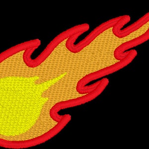 May include: A red and orange cartoon fire with a yellow center. The fire is shaped like a comet or shooting star.