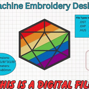 Op de afbeelding: Een geometrisch borduurontwerp in de vorm van een zeshoek in regenboogkleuren. Het ontwerp is 3 1/8 inch bij 3 1/8 inch en vereist een borduurring van 4 inch bij 4 inch. De meegeleverde bestandstypen zijn DST, JEF, EXP, PES, HUS, VP3 en XXX. "THIS IS A DIGITAL FILE" staat in rode letters onderaan de afbeelding.