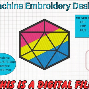 Puede incluir: Diseño de bordado a máquina de una forma geométrica con colores rosa, amarillo y azul. El diseño mide 3 1/8 pulgadas por 3 1/8 pulgadas y requiere un aro de 4 pulgadas por 4 pulgadas. Los tipos de archivos incluidos son DST, JEF, EXP, PES, HUS, VP3 y XXX. "Este es un archivo digital" está escrito debajo del diseño.
