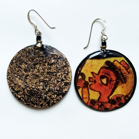 Dramatic Round dangle STATEMENT EARRINGS folk art… - image 5