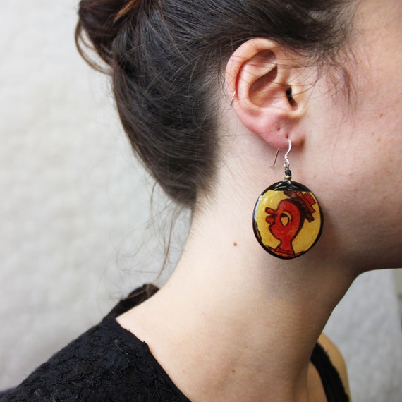 Dramatic Round dangle STATEMENT EARRINGS folk art… - image 2