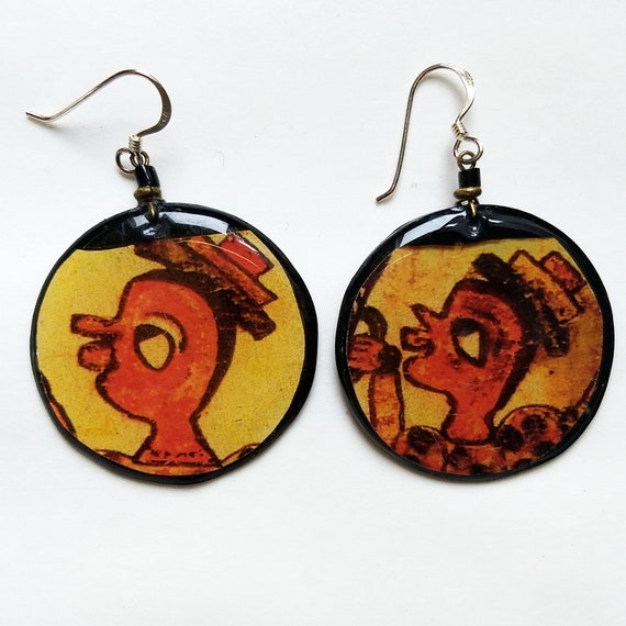 Dramatic Round dangle STATEMENT EARRINGS folk art… - image 4