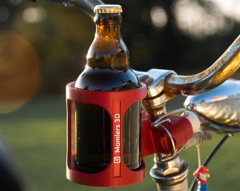 Free drinking system in metallic red, 3D printed bottle holder for the front link in beer design