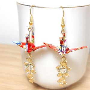 Origami Paper Crane Earrings with charm, RANDOM PICK, unique handmade jewelry, coated and made from authentic Japanese Yuzen Washi paper