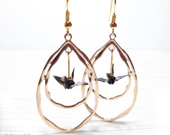 Limited Edition Origami Earrings, Paper Crane Earrings, Double Layered Hoops, Gifts for Her, Unique Handmade Jewelry, Gifts for Women, Japan