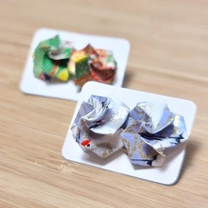 Origami Rose Stud Earrings, unique handmade and dainty jewelry, coated for durability, made from authentic Japanese Yuzen Washi paper