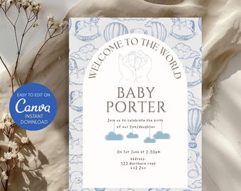 Bewerkbare toile de jouy-babyshoweruitnodiging digitaal | Blauwe poster luchtballon teddybeer