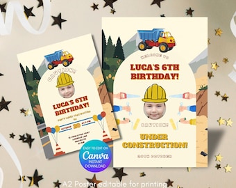 Invitación de cumpleaños de construcción / Paquete de fiesta de camión con tema de precaución en construcción, descarga digital, póster