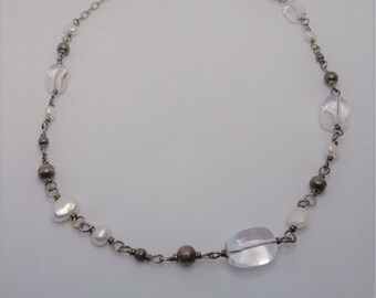 Silpada Sterling Silver Pearl and Smooth Quartz Bead Chain Necklace 17 Inches w Lobster Claw Clasp