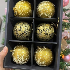 Handmade Paper Mache Christmas Baubles - Set of 6 Painted Ornaments
