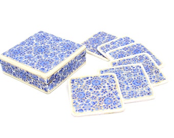 Paper Mache Square Coaster Set of 6 – Handmade Hand Painted Blue & White Coaster Box Set