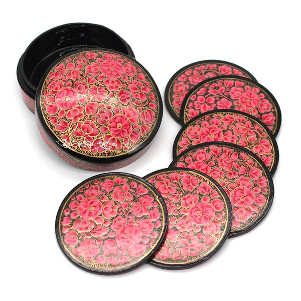 Paper Mache Round Coaster Set of 6 – Handmade Hand Painted Pink Coaster Box Set