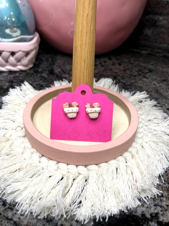 Flower pot earrings Pink White Handmade Polymer Clay Etsy