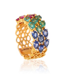 Emerald Ruby Sapphire Ring: 14k Yellow Gold Bridal Jewelry