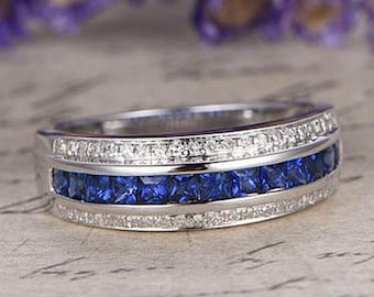 Sapphire engagement ring with diamond,Solid 14k white gold,promisering 1.05ctw Princess Cut Blue Sapphire and Diamond Wedding Band,antique