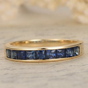 Square Cut Sapphire Engagement Ring Wedding Band 14K Yellow Gold Sapphire Engagement Ring Chanel Set Wedding Band Blue Sapphire Ring
